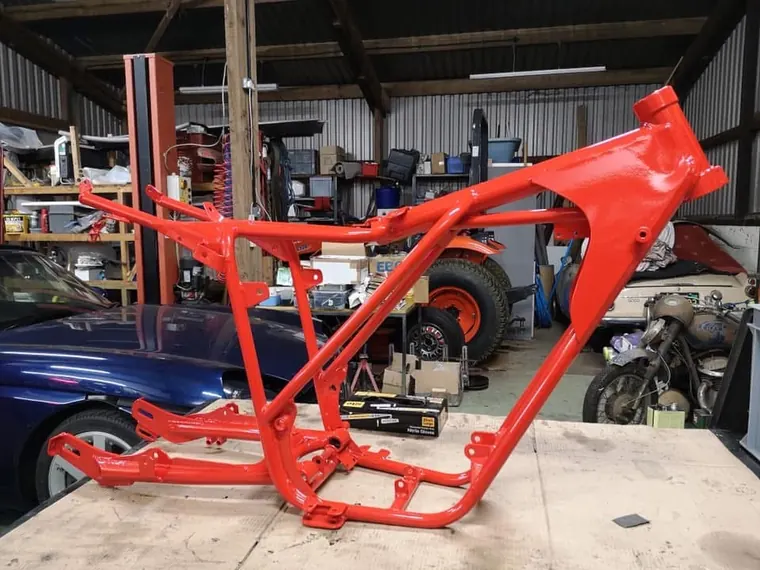 Powder coated motorcycle frame and autograss buggy chassis by Hereford Coatings